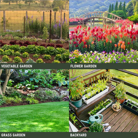 Collage of a vegetable garden, flower garden, grass garden, and backyard patio with potted plants, showcasing diverse garden settings.