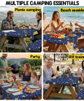 Waterproof Picnic Table Cover With Bench Covers For 72 Inch Tables And 72 Inch Benches, shown used at various outdoor activities.