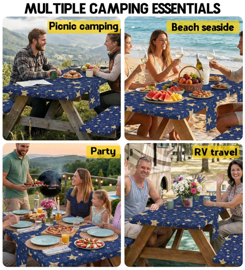 Waterproof Picnic Table Cover With Bench Covers For 72 Inch Tables And 72 Inch Benches, shown used at various outdoor activities.