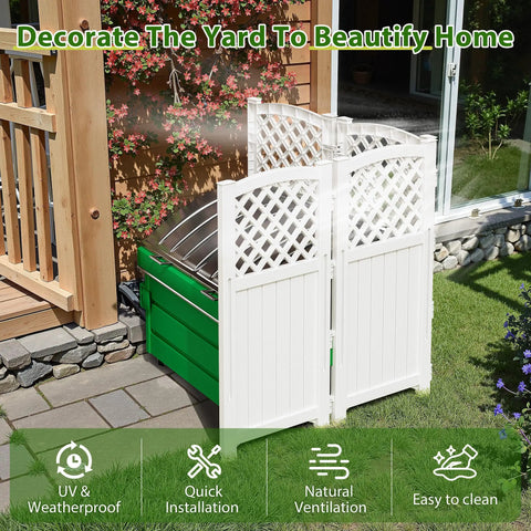 Outdoor Privacy Fence Kit With Four Lattice Panels For Yard And Patio Off White Resin Screen Installed Over Green Trash Bins