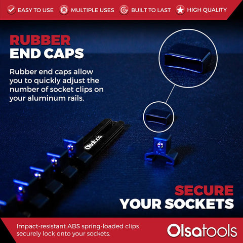 Half Inch Drive Socket Organizer Rail That Holds Sixteen Sockets For Impact Or Chrome Sets with removable rubber end caps.