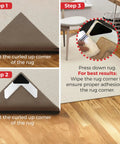 Instructional image showing Rug Corner Gripper Set 8 Pack For Indoor And Outdoor Use Keeps Rugs From Curling And Slipping With Strong Adhesive