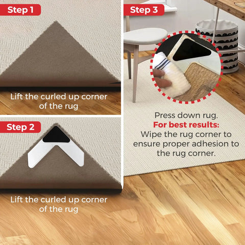 Instructional image showing Rug Corner Gripper Set 8 Pack For Indoor And Outdoor Use Keeps Rugs From Curling And Slipping With Strong Adhesive