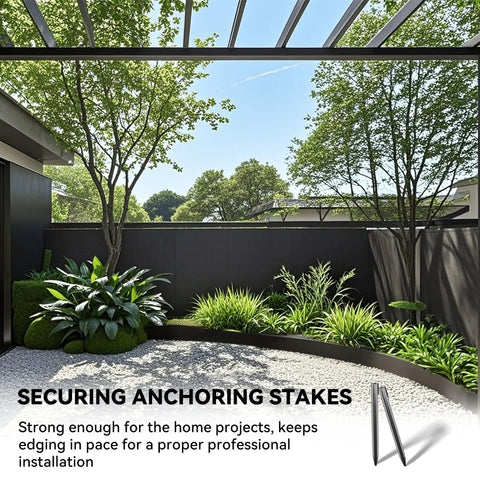 Landscape Edging Stakes Set, 13 Piece, 8 Inch Corrugated Metal Garden Stakes supporting a stylish black lawn border
