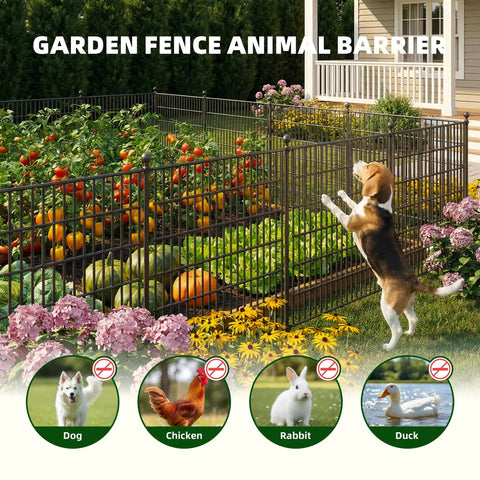 No Dig Garden Fence Kit With Gate, 10 Metal Panels, 32 Inch High, 24.2 Feet Long, Rustproof Outdoor Fence For Pets shown in garden