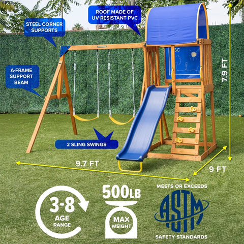 Augusta Cedar Wooden Swing Set With Heavy Duty A Frame 6ft Double Wall Slide 2 Height Adjustable Swings Rock Climber Sandbox
