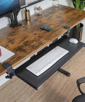 Under Desk Keyboard Tray 30 Inch Extra Wide Slide Out Drawer No Drill Clamp Mount Holds 11 Lbs Fits Desks Up To 1.77 Inches Thick Reclaim Desk Space And Upgrade Your Workstation under a wooden desk with keyboard and mouse