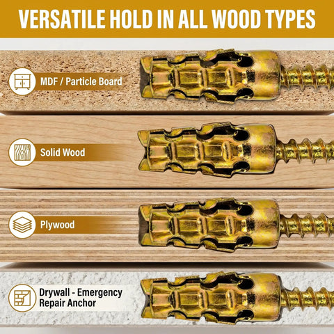 Short 6x14mm Expansion Screw Set For DIY Cabinet Hinge Repairs And Wood Fixes, Metal Anchor Screws For Stripped Holes in Wood Types