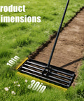 Workhorse Lawn Leveling Rake With A 30 Inch By 10 Inch Stainless Steel Head And 6 Foot Handle on grass path illustrating dimensions