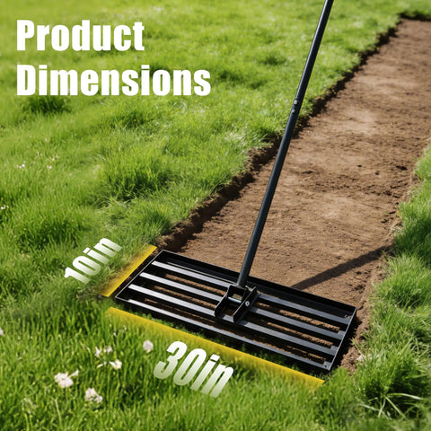 Workhorse Lawn Leveling Rake With A 30 Inch By 10 Inch Stainless Steel Head And 6 Foot Handle on grass path illustrating dimensions