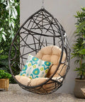 Indoor Outdoor Teardrop Wicker Hanging Chair For Patio And Deck, Multi Brown Tan Teardrop Basket Swing, Stand Not Included