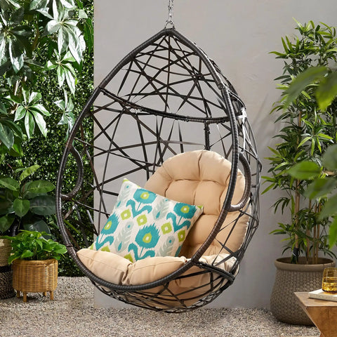 Indoor Outdoor Teardrop Wicker Hanging Chair For Patio And Deck, Multi Brown Tan Teardrop Basket Swing, Stand Not Included