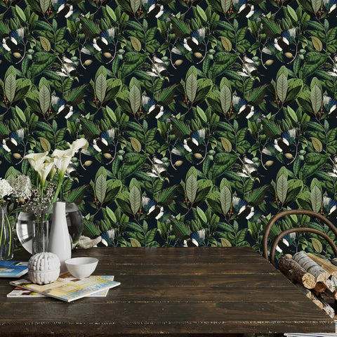 Tropical Jungle Leaves Peel And Stick Wallpaper 17.7 By 118 Inches Vinyl Self Adhesive Green Floral Wall Covering With Exotic Birds And Fruits