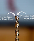 Close-up of Brad Point Drill Bit Set With Center Point For Accurate Holes And Clean Edges, showing scoring spurs details.