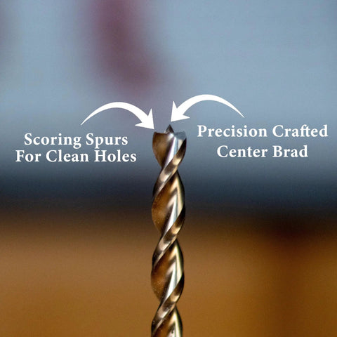 Close-up of Brad Point Drill Bit Set With Center Point For Accurate Holes And Clean Edges, showing scoring spurs details.
