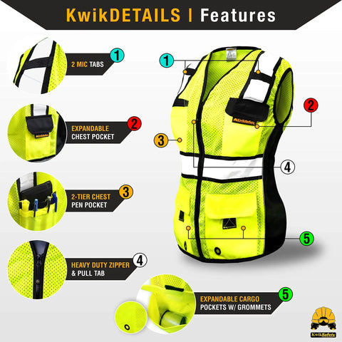 High Visibility Womens Safety Vest Class 2 Reflective Construction Workwear Yellow Medium showcasing mic tabs and cargo pockets.
