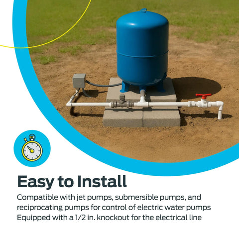 Pressure Switch For Electric Water Pumps 30 To 50 PSI Preset One Quarter Inch FPT Connection With 18 NPSF Threads installed outdoors.