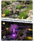 Day and night views of Pond Fountain Pump Kit With RGB Lights And Remote Control Low Noise No Fuss Submersible 660GPH Water Pump.
