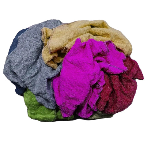Premium Color Terry Cloth Rags 25 Lb Bulk Bag Super Absorbent Cotton Cleaning Rags in assorted colors stacked together