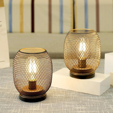 Set Of 2 Battery Powered Metal Cage LED Lanterns Cordless Accent Lights With Warm White LED Round Vintage Style Cozy Vibe
