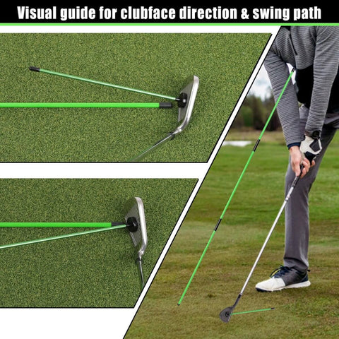 Dual 40-inch golf alignment sticks with magnetic rod for visualizing swing path and club face direction in green.