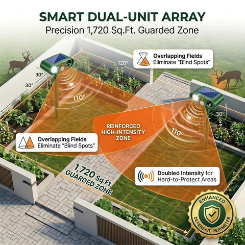 Solar Powered Ultrasonic Deer Repellent Outdoor Deterrent With Motion Sensor Strobe Light That Keeps Rabbits Cats Raccoons Squirrels Out Of Your Garden Yard And Farm Landscaping Protecting Plants In Style 2Pack dual-unit coverage diagram