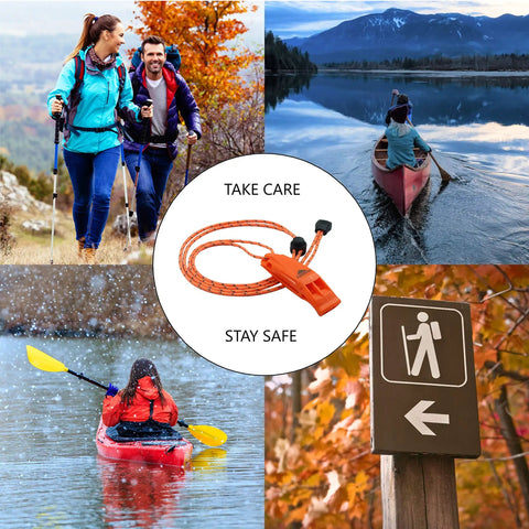 Hikers and kayakers using Ultra Loud Double Chamber Emergency Whistle With Lanyard For Kayaks Boats Life Vest And Outdoor Adventures Pealess 120dB Survival Signal For Hiking Camping Fishing And Rescue 2 Pack