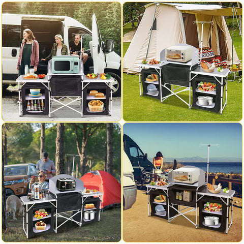 Foldable Camping Kitchen Table With Light Stand And Windshield Portable Grill Station 3 Organizers Carry Bag For Outdoor Cooking Beach BBQ Picnic Indoor Office Use.