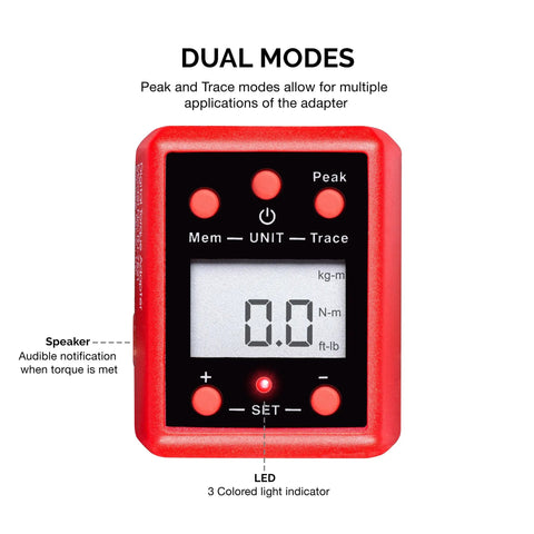 Three Quarter Inch Digital Torque Adapter Turns Any Ratchet Into A Pro Grade Torque Wrench With Audible Alert, 150 To 750 Foot Pounds Range, Calibrates Digital And Analog Wrenches, SAE And Metric, Bi Directional