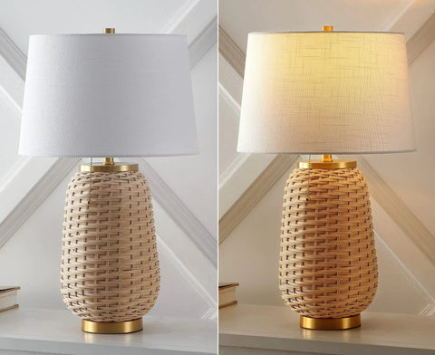 Brass Gold And Light Brown Rattan LED Table Lamp With White Linen Shade, 25 Inches Tall, Coastal Vibe Lit and Unlit