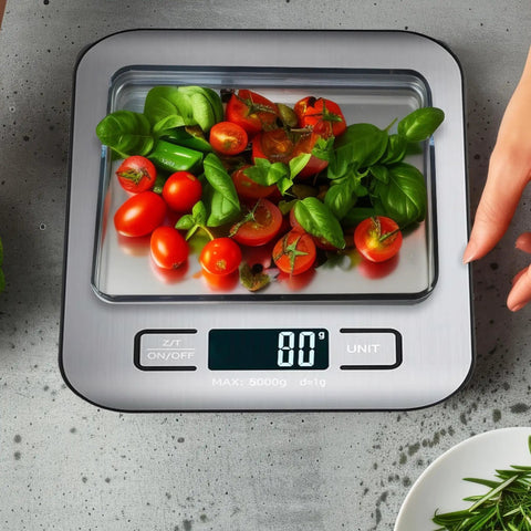 Digital Kitchen Scale With Precise Tare And Multi Unit Readouts That Makes Measuring Up To 11 Lbs A Breeze For KG G LB OZ ML Battery Powered With Two AAA Included Ideal For Portion Control Cooking And Meal Prep displaying tomatoes and basil