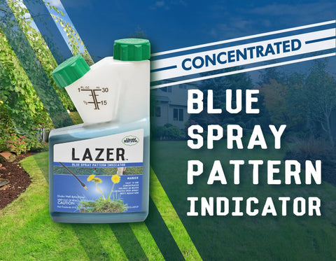 Liquid Harvest Lazer Blue spray pattern indicator bottle, 8 oz, green cap, lawn care product by Amazon