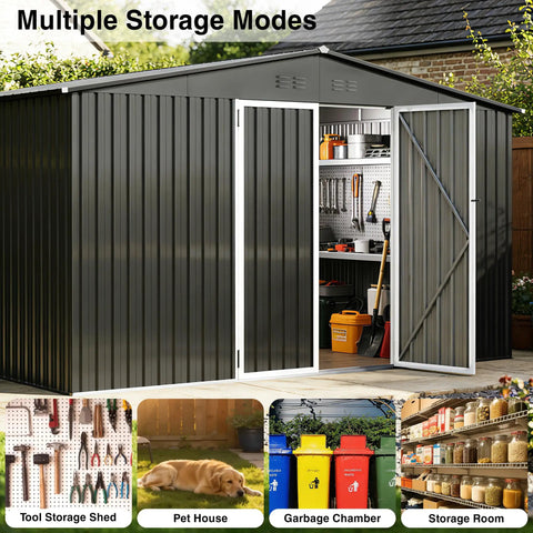 Image of 12 By 10 Foot Dark Grey Metal Shed With Lockable Door Waterproof Outdoor Storage with multiple storage modes and sloped roof