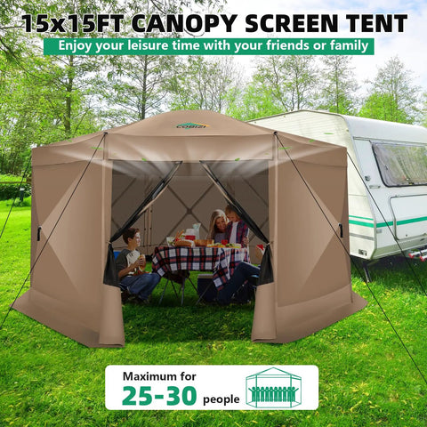 15x15 Foot Pop Up Gazebo Screen Tent For Camping Instant Hub Canopy With Mosquito Netting Spacious Screen Room Backyard