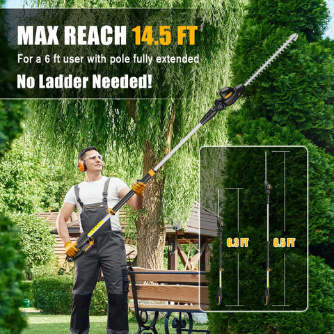 Man using a 20 Inch Cordless Pole Hedge Trimmer Tool Only Battery Not Included Lightweight Telescoping Pole With 14.5 Ft Reach Dual Action Blade 150 Degree Adjustable Head Yellow Compatible With 20V Max Batteries on tall hedges in a garden.