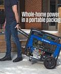 Man pulling Dual Fuel Portable Generator With Remote Start Transfer Switch Ready Gas Or Propane Powered Backup Power 13500 Watts