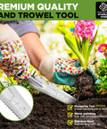 Hands using Five In One Garden Weeder Tool With Stainless Steel Head And Wooden Handle for planting flowers, measuring tool visible