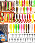 108 Piece Tackle Box Fishing Lures Set With Paddle Tail Swimbaits Soft Worms Floating Shrimp Lures And Round Jig Heads For Freshwater Crappie Bass Trout All In One Tackle Kit For Men, showing dual-sided tackle box with colorful lures and jig heads.