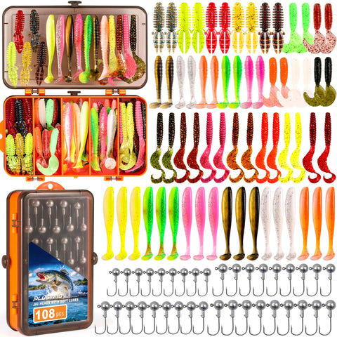 108 Piece Tackle Box Fishing Lures Set With Paddle Tail Swimbaits Soft Worms Floating Shrimp Lures And Round Jig Heads For Freshwater Crappie Bass Trout All In One Tackle Kit For Men, showing dual-sided tackle box with colorful lures and jig heads.