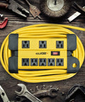 Heavy Duty 8 Outlet Surge Protector Power Strip With 25 Foot Cord And Metal Mountable Design 1050 Joules shown with tools