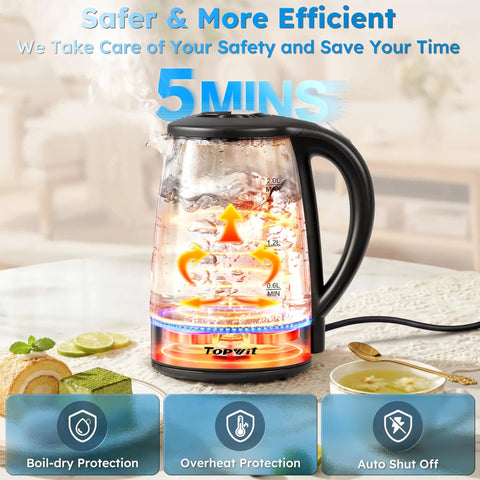 Clear Glass Electric Kettle 2L Fast Boil With Auto Shut Off Boil Dry Protection BPA Free Stainless Steel Lid And Base