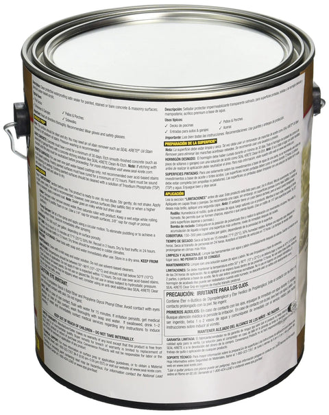 Back of 1-gallon canister of Clear-Seal Satin Concrete Protective Sealer For Indoor And Outdoor Floors, highlighting product details.