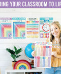 Teacher holding Division chart in classroom with Kid-Friendly Elementary School Math Posters Set With Multiplication Chart And Place Value Chart