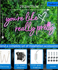 Like Really Pretty Neon Sign For Wall Decor Pink Light Up Sign Dimmable For Wedding Engagement Party Birthday Bedroom Bar Club 29.5 By 12.6 Inches Great For Home Decor Parties Events, shown on greenery background with accessories included.