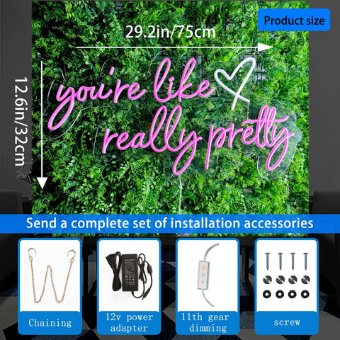 Like Really Pretty Neon Sign For Wall Decor Pink Light Up Sign Dimmable For Wedding Engagement Party Birthday Bedroom Bar Club 29.5 By 12.6 Inches Great For Home Decor Parties Events, shown on greenery background with accessories included.
