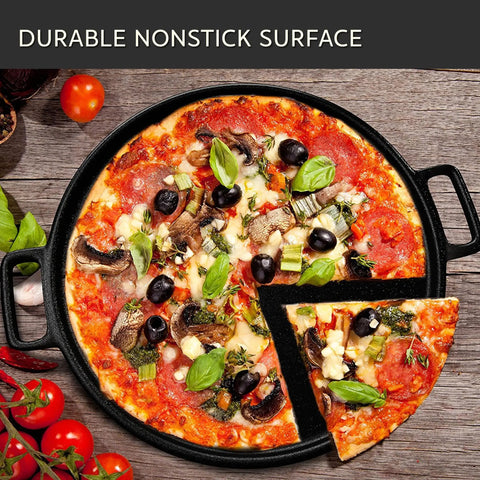 Pizza on Cast Iron Pizza Pan 14 Inch With Even Heating Rugged Cast Iron Cookware For Crispy Crusts, one slice removed.