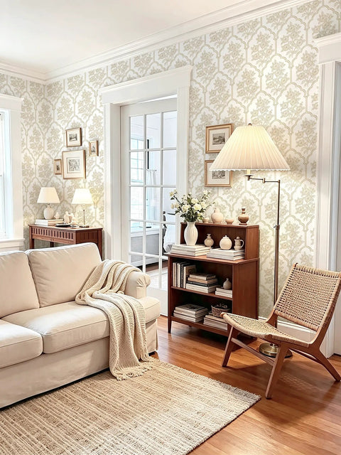 Beige Floral Peel And Stick Wallpaper With Delicate Arched Accents in a cozy living room with a sofa and armchair.