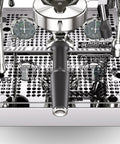 Close-up of chrome Mozzafiato FAST V Espresso Machine With Vibratory Pump, Heat Exchanger, PID Temperature Control on a counter