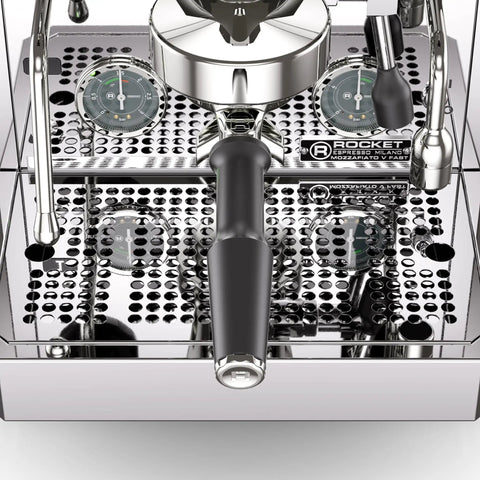 Close-up of chrome Mozzafiato FAST V Espresso Machine With Vibratory Pump, Heat Exchanger, PID Temperature Control on a counter