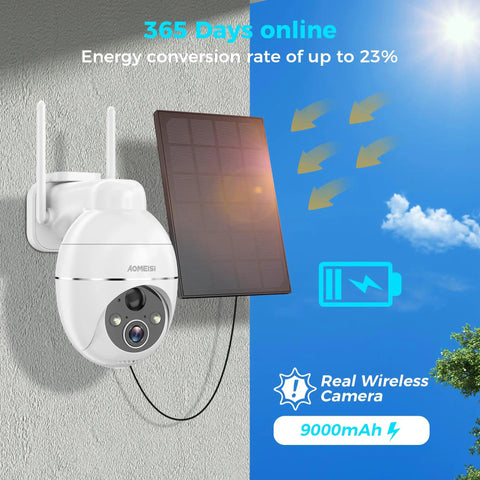 Solar Powered Outdoor Security Camera 2K with 360 Degree Pan Tilt mounted on wall with solar panel and blue sky background.